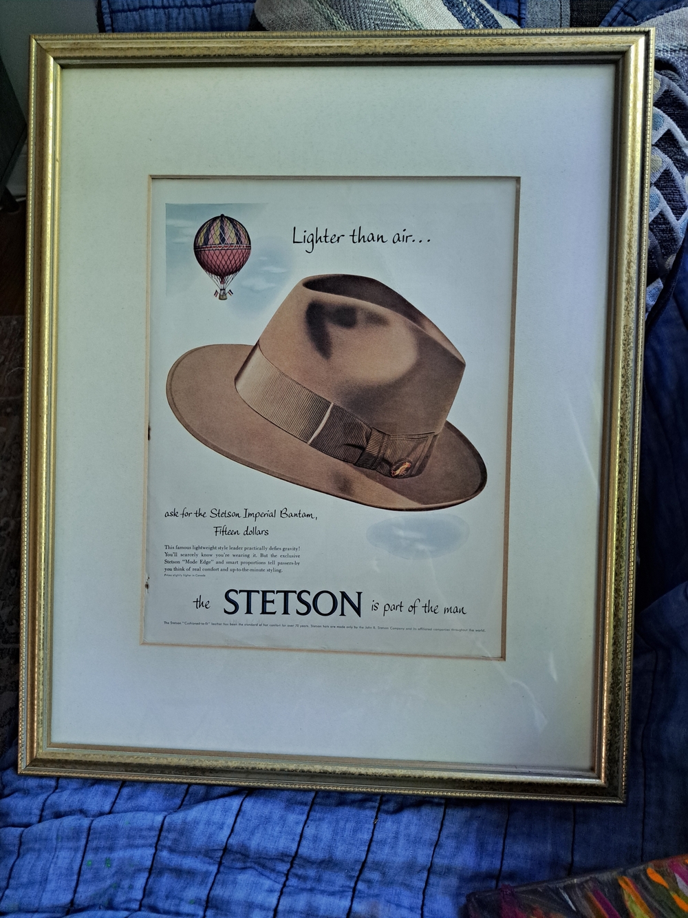 16x20 Vintage paper advertisement for the Stetson Imperial Bantam hat is housed